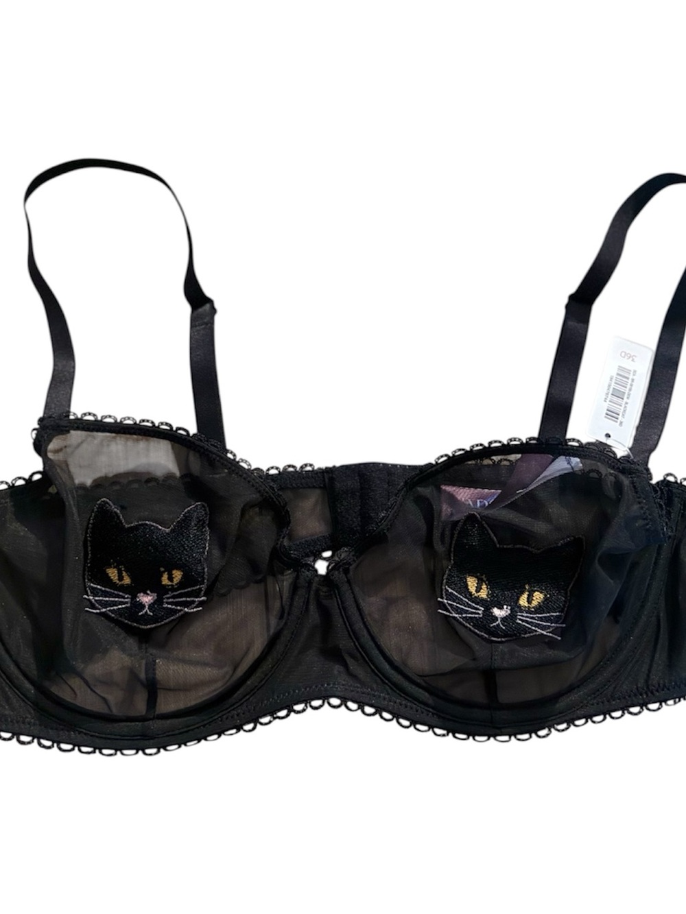 Adore Me Black Sheer Underwire Bra with Cat Embroidery